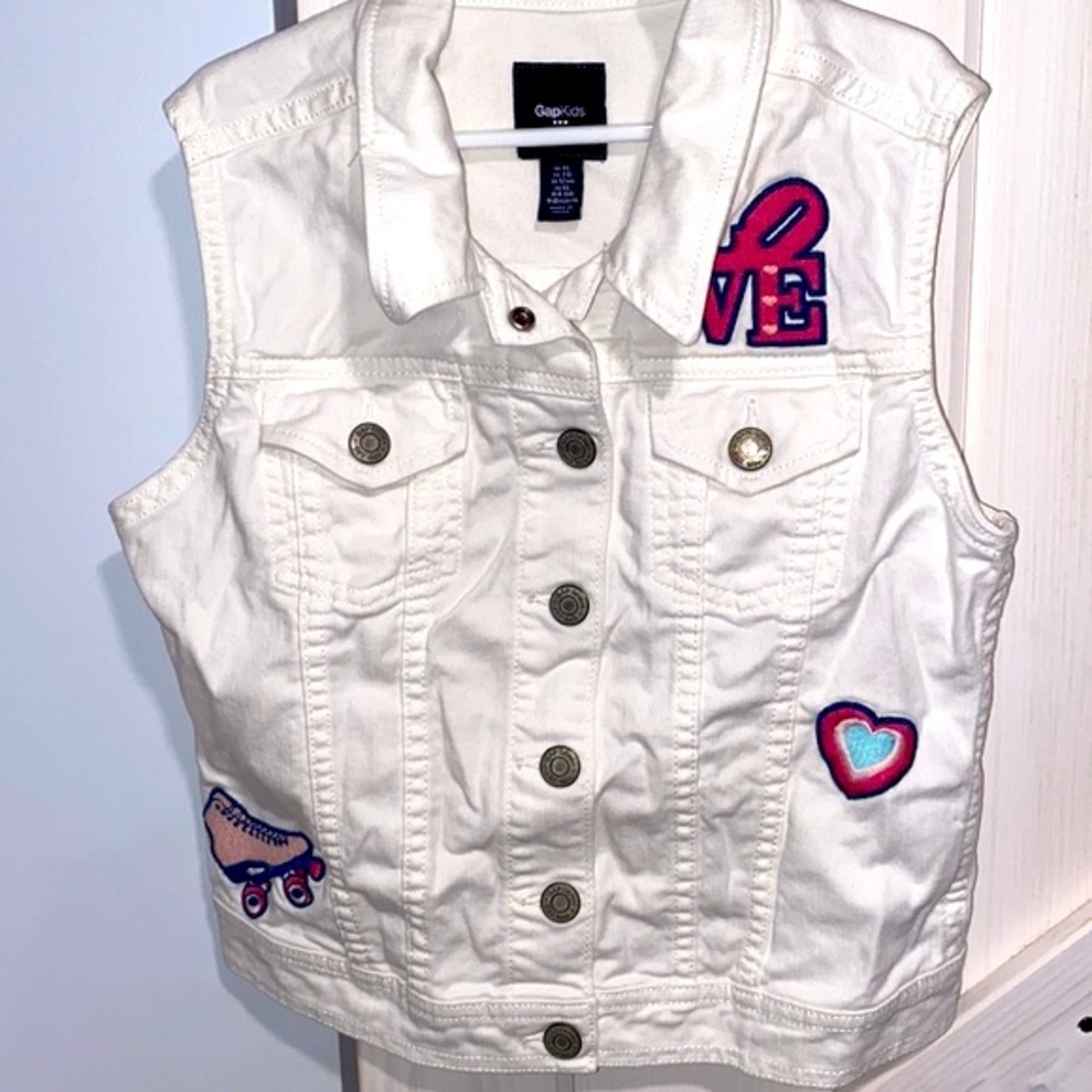 Gap Kids White Denim Vest Embroidered Skater Heart Love Snap Button